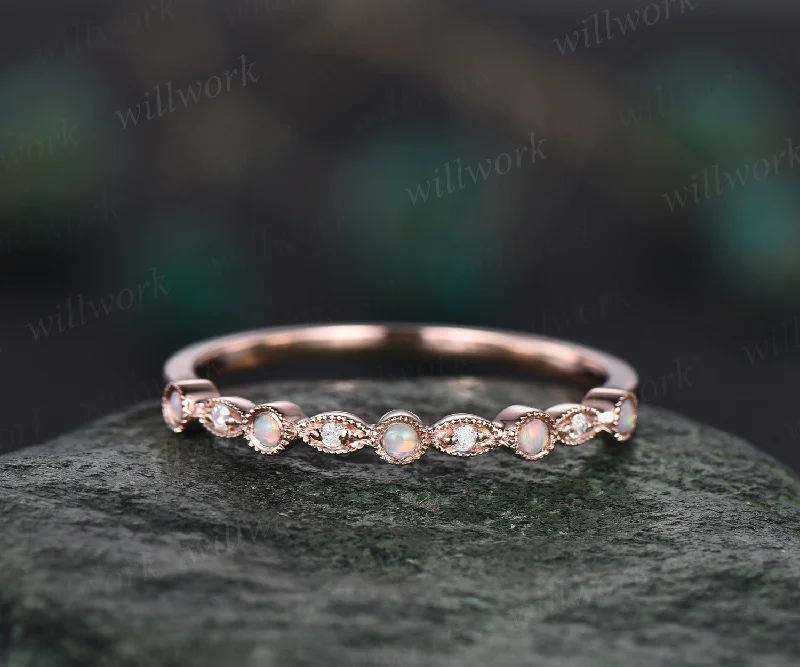 Unique opal ring for women vintage 14k rose gold ring art deco diamond wedding ring half eternity opal diamond wedding band jewelry gift