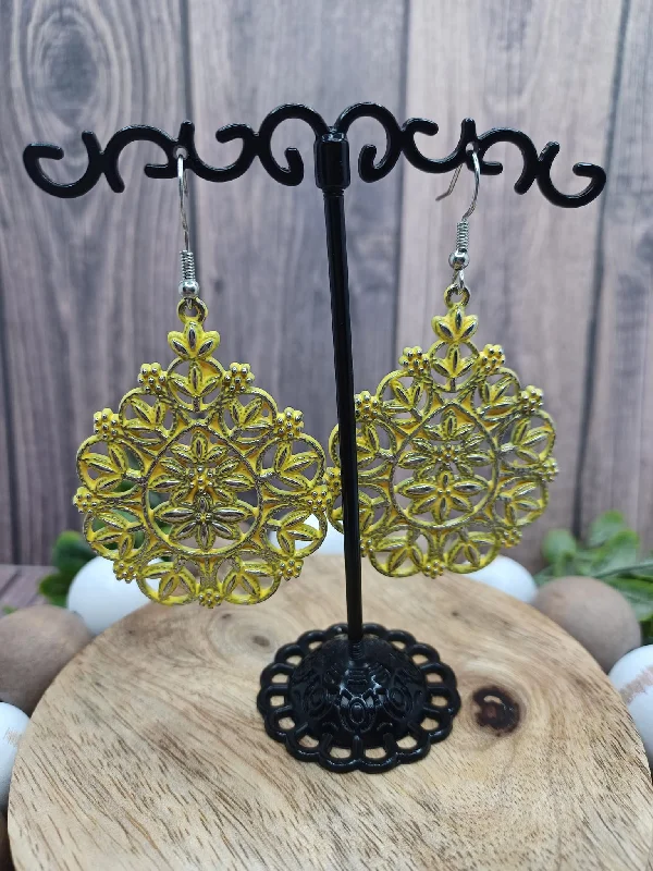 Yellow Painted Style Earrings w/ Floral Design