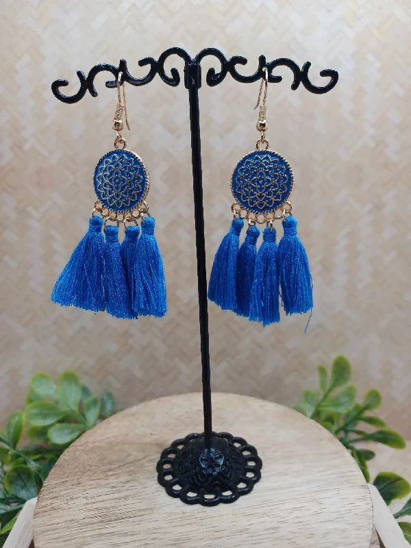 Blue Design Earrings w/ Tassel & Gold Detailing