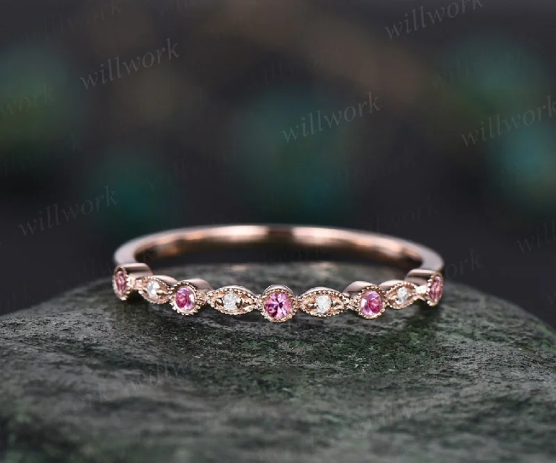 Milgrain bezel Pink sapphire wedding band solid 14k rose gold vintage art deco half eternity dainty diamond wedding ring band women gift