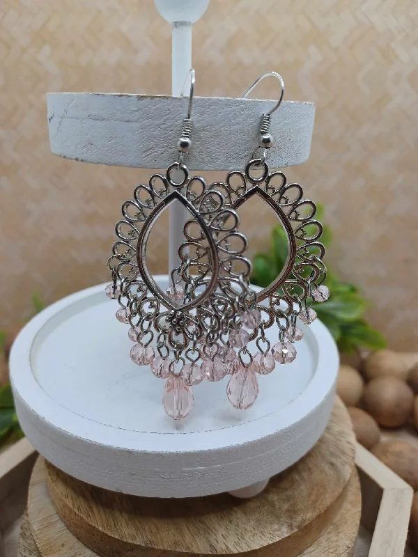 Silver Filgree Style Earrings w/ Light Pink Beading