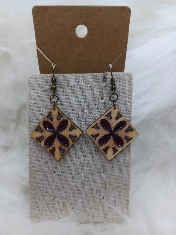 Wooden Square Shaped Earrings w/ a Touch of Purple Acrylic