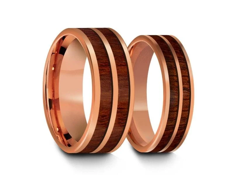 6MM/8MM HAWAIIAN KOA WOOD Tungsten Wedding Band Set FLAT AND ROSE GOLD INTERIOR