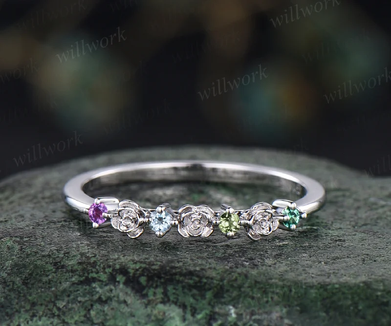 Dainty flower natural amethyst wedding band 14k white gold colorful gems stacking band birthstone ring for women anniversary ring gift