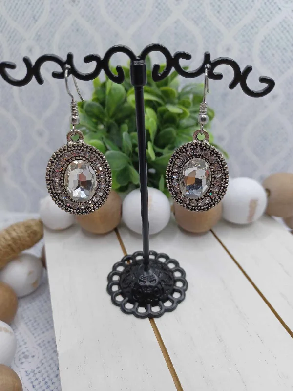 Silver Rhinestone Oval Style Earrings