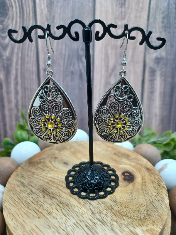 Silver Floral Teardrop Earrings w/ Yellow Rhinestones