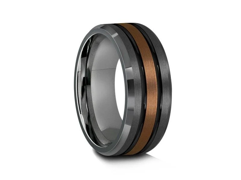 8MM Brushed GRAY GUNMETAL Tungsten Wedding Band ROSE GOLD CENTER AND GRAY INTERIOR