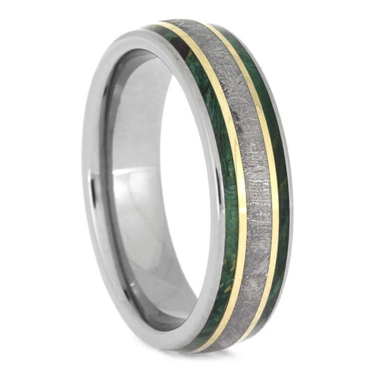 Meteorite And Green Wood Ring With Gold Pinstripes