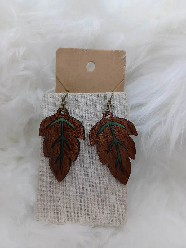 Wooden Leaf Earrings w/ Green Detailing