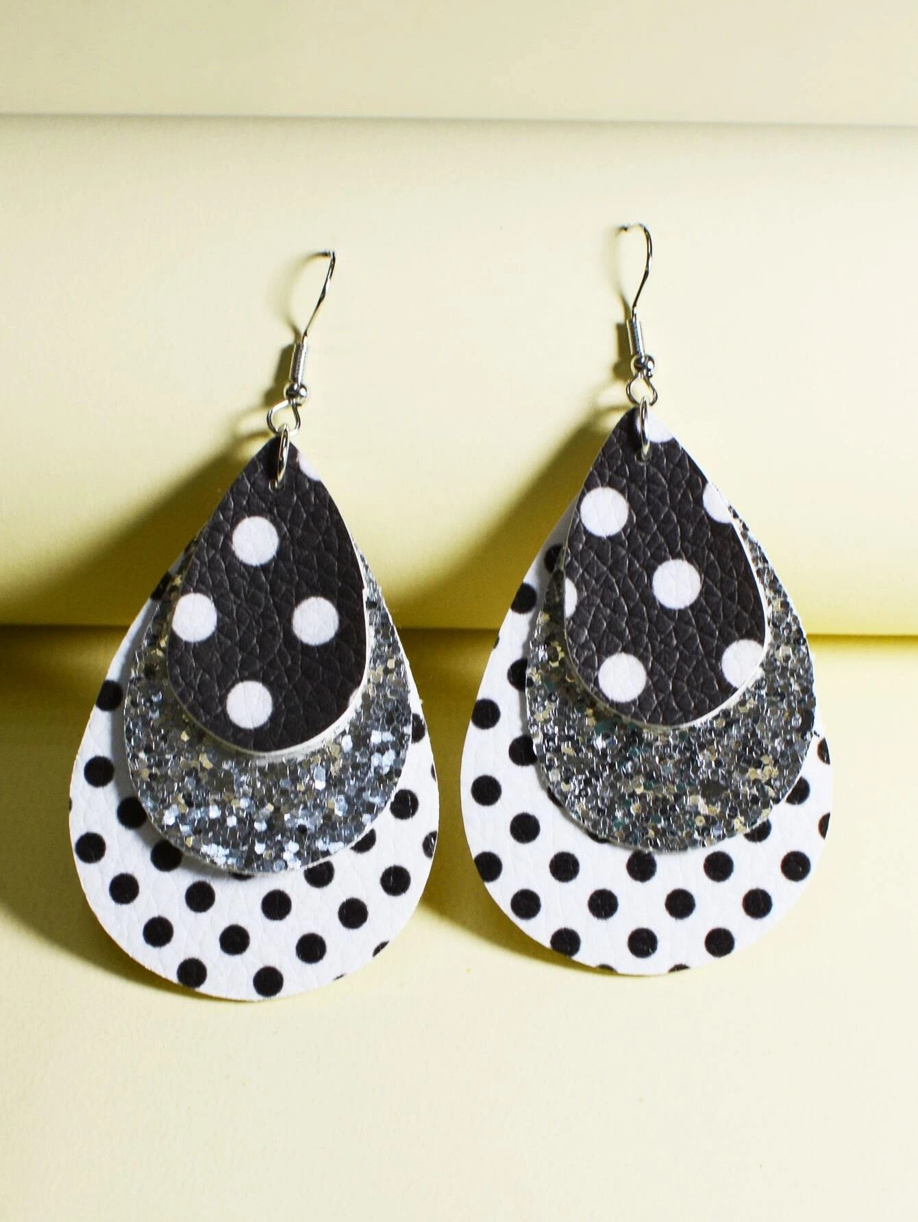 Black, White, & Silver Triple Layered Polka Dot & Glitter Earrings