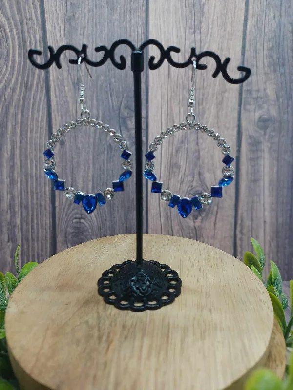 Silver Earrings w/ Blue & White Rhinestone Accents