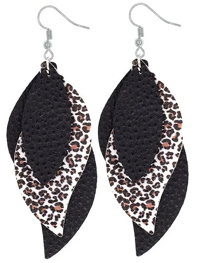 Black Triple Layered Leather Style Leopard Earrings