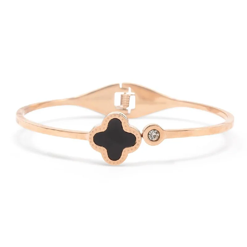 Stainless Steel Bangle Flower Onyx Crystal Rose Gold Plated