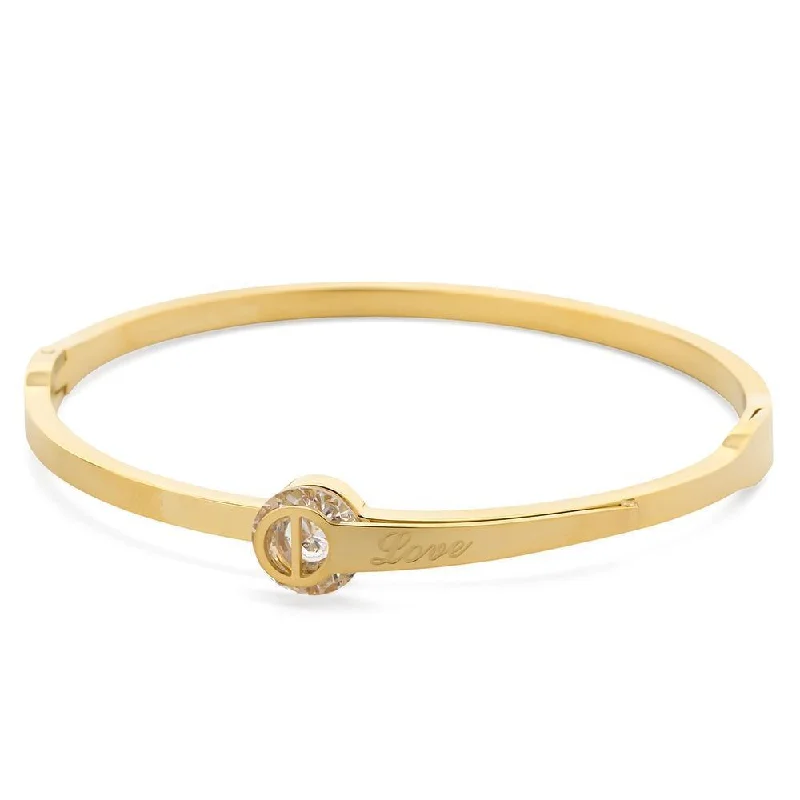 Stainless Steel Hinged Bangle Love CZ Gold Plated