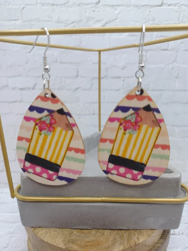 Wooden Floral & Striped Pencil Earrings