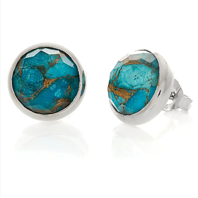 Faira: Round Faceted Quartz over Turquoise Stud Earrings 925 Sterling Silver