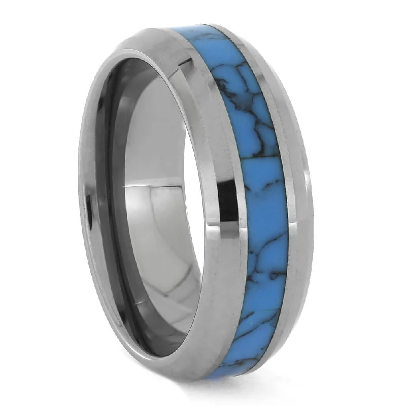 Beveled Tungsten Wedding Band with Turquoise