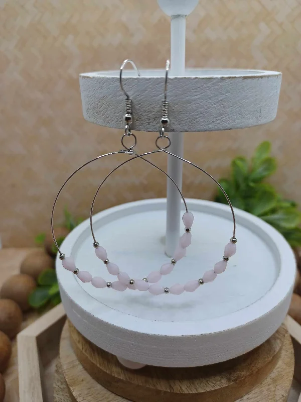 Silver Dainty Open Faced Hoop Style Earrings w/ Pale Pink Beading