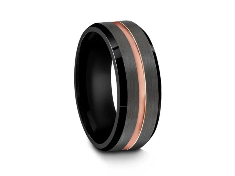 8MM BRUSHED GRAY TUNGSTEN WEDDING BAND ROSE GOLD CENTER AND BLACK INTERIOR