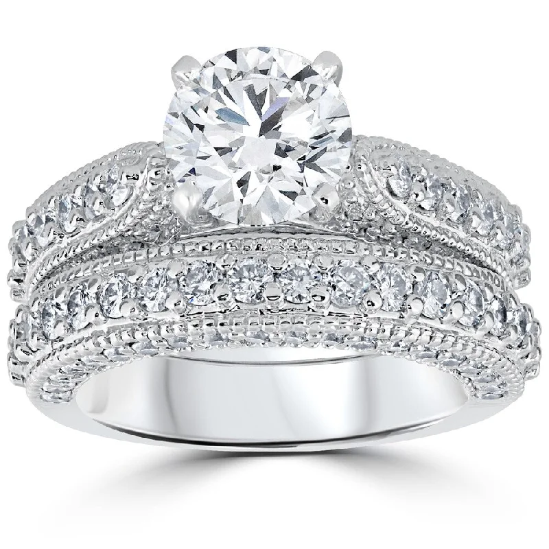 14k White Gold 3 1/6ct TDW Diamond GIA Certified Vintage Engagement Wedding Ring Set - White H-I