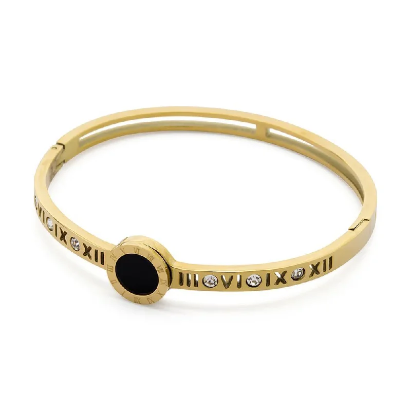 Stainless Steel Bangle Roman Numeral Onyx Crystal Gold Plated