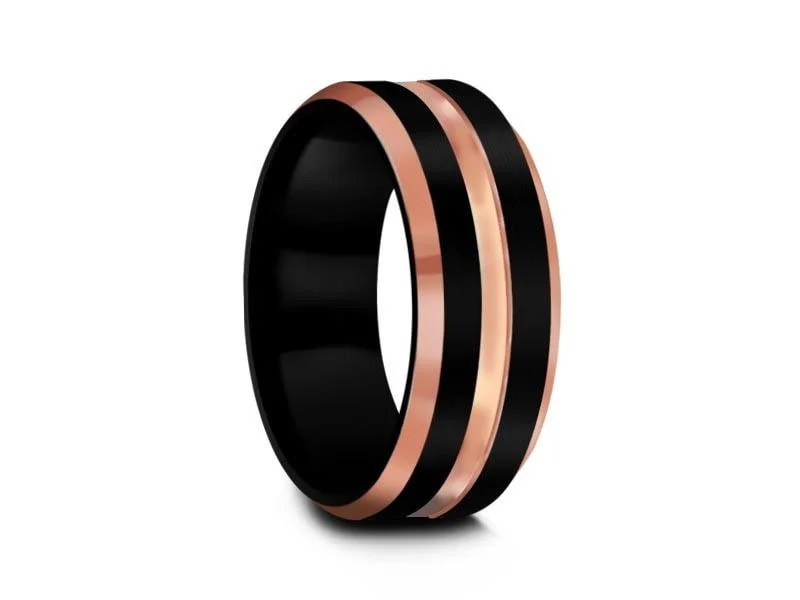 8MM Black Tungsten Wedding Band Rose Gold STRIPES AND BLACK INTERIOR