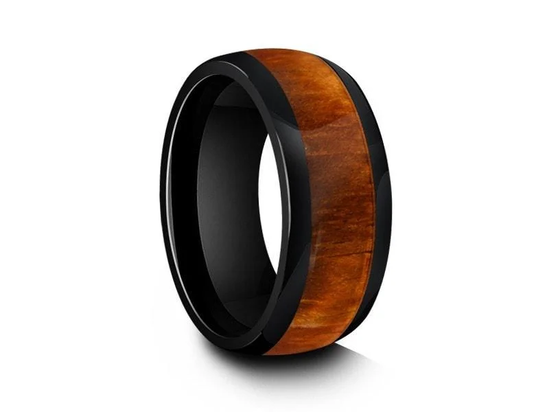 8MM BLACK CERAMIC WEDDING BAND DOME AND HAWAIIAN KOA WOOD INLAY