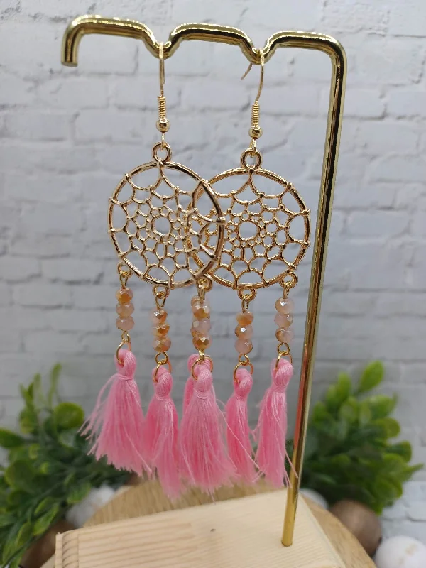 Pink Dreamcatcher Beaded & Tassel Earrings