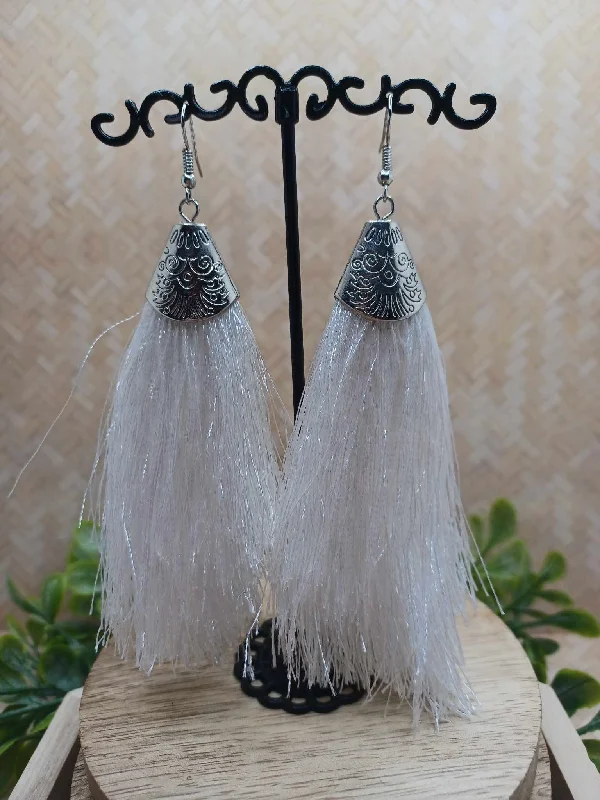 White Tassel Earrings w/ Silver Detailing