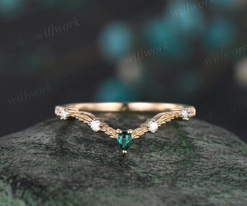 Vintage pear emerald diamond wedding band solid 14k yellow gold art deco leaf nature inspired stacking bridal anniversary ring women gift