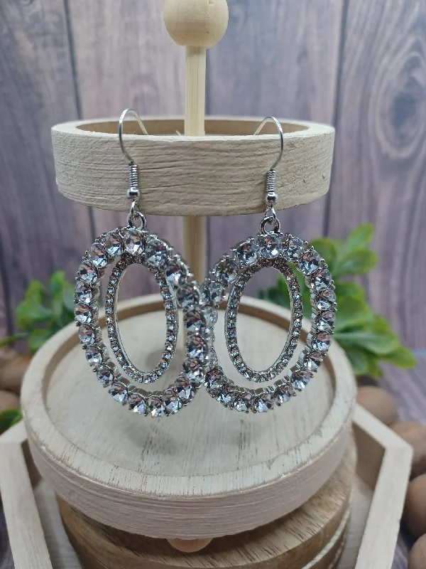 Silver Oval Rhinestone Earrings