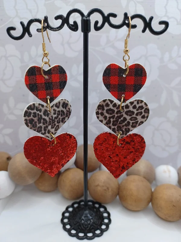 Red Plaid, Leopard & Glitter Heart Earrings