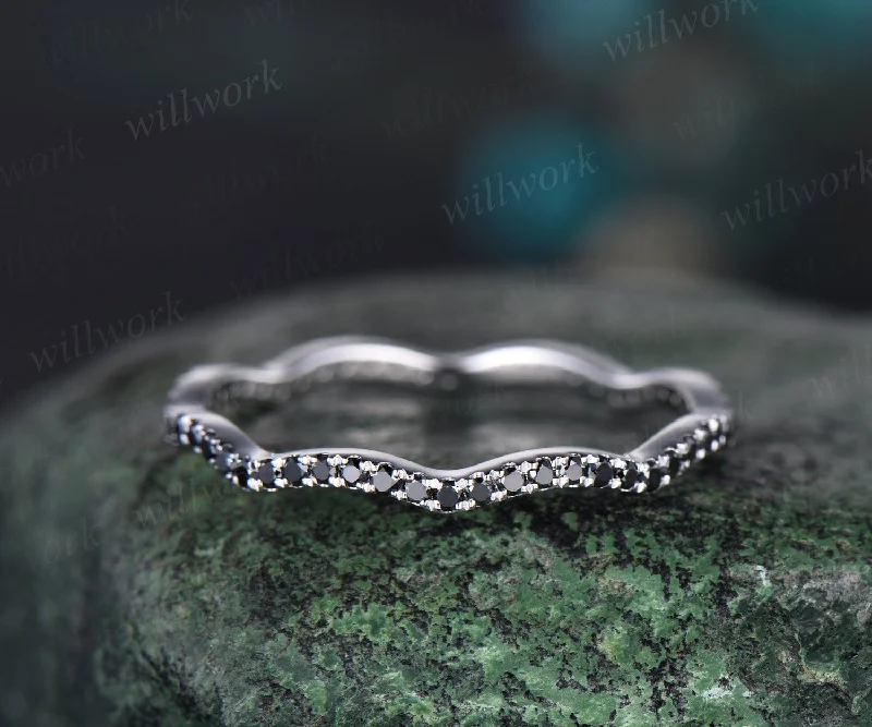 Twisted full eternity black diamond wedding band solid 14k white gold stacking matching wedding ring band women anniversary gift jewelry