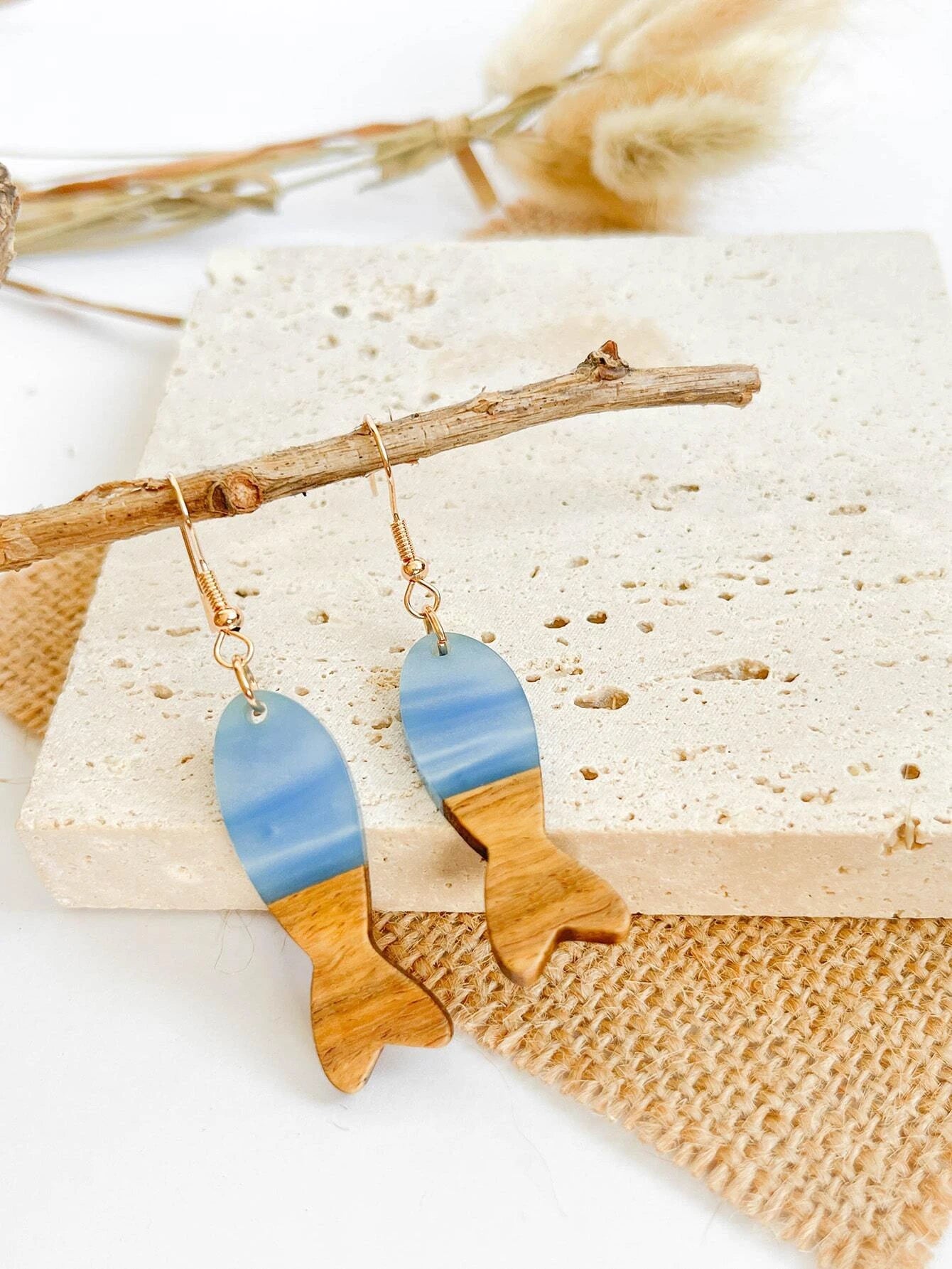 Wooden & Blue Fish Earrings