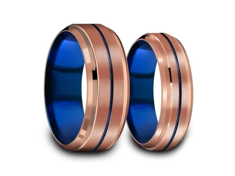 6MM/8MM ROSE GOLD Tungsten Wedding Band Set BLUE CENTER AND BLUE INTERIOR