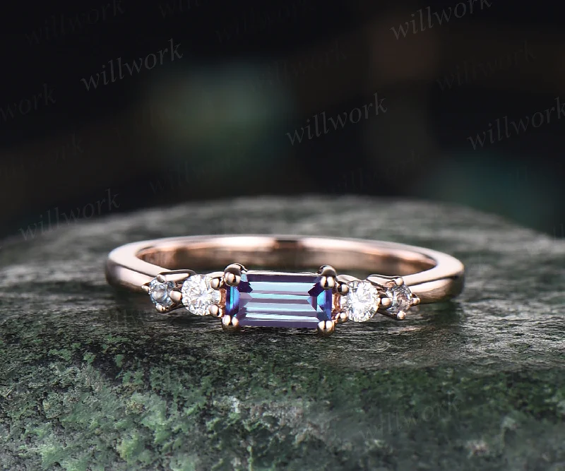 Vintage baguette alexandrite ring dainty wedding band art deco moissanite ring rose gold stacking ring matching band anniversary gifts for her