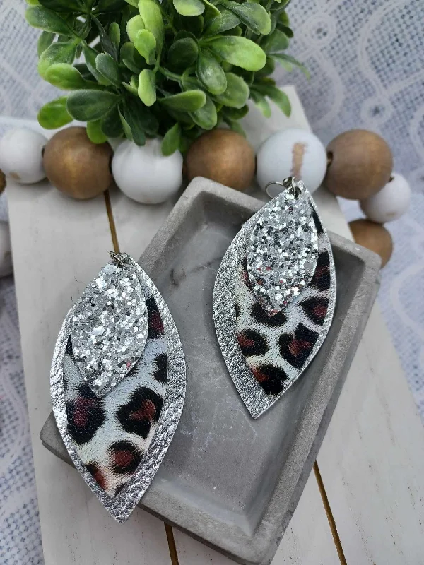 Triple Layered Leather Style Earrings w/ Grey Leopard & Glitter