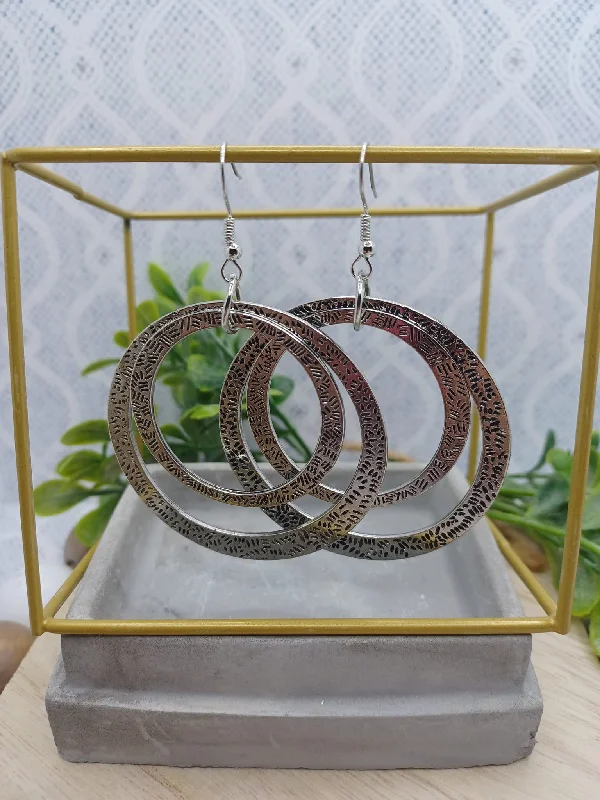 Silver Double Circle Dangle Patterned Earrings