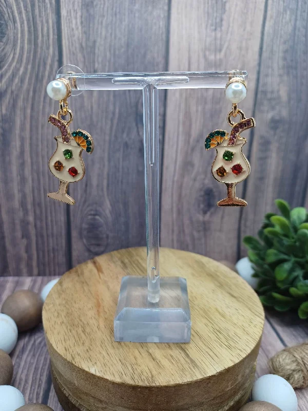 White Cocktail Drink Earrings w/ Colorful Rhinestones