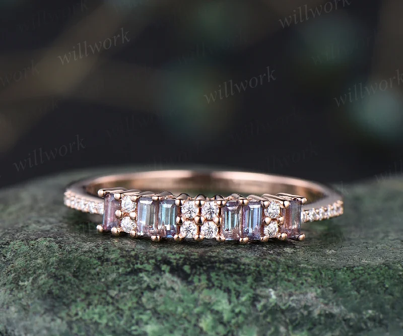 Dainty baguette Alexandrite wedding band minimalist moissanite diamond half eternity wedding band 14k rose gold Alexandrite ring for women