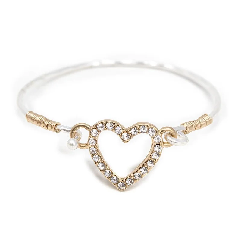 Two Tone Heart Pave Hook Bangle Gold T