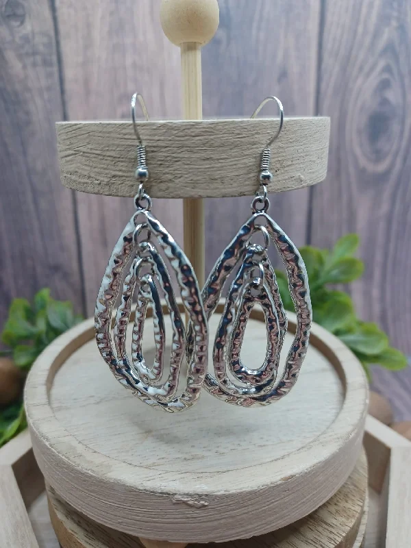 Silver Triple Layered Textured Teardrop Dangle Earrings