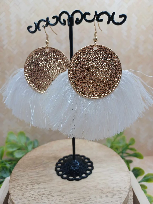 White Tassel Earrings w/ Textured Gold Circle