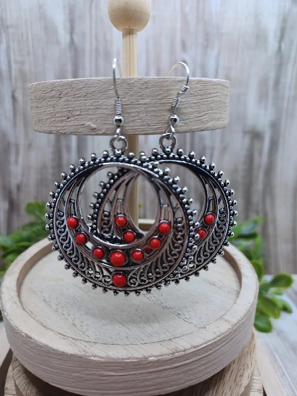 Silver Circle Earrings w/ Red Accent Beading