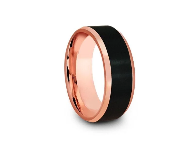 8MM BRUSHED Black Tungsten Wedding Band BEVELED AND ROSE GOLD INTERIOR