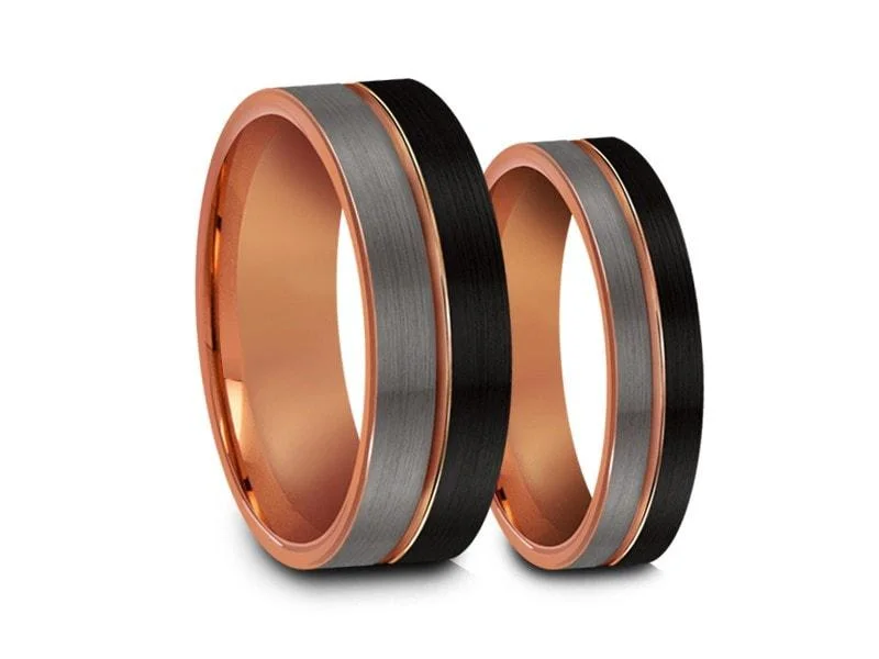 6MM/8MM BRUSHED GRAY AND BLACK FLAT Tungsten Wedding Band Set ROSE GOLD CENTER AND ROSE GOLD INTERIOR