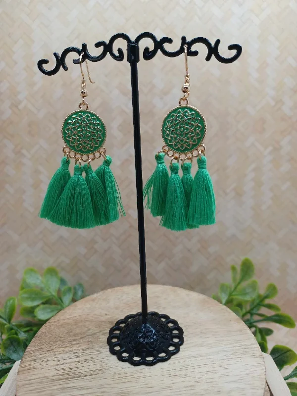 Green Design Earrings w/ Tassel & Gold Detailing