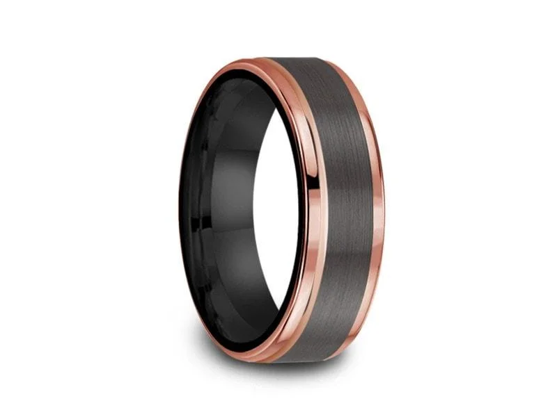 6MM Brushed GRAY GUNMETAL Tungsten Wedding Band ROSE GOLD EDGES AND BLACK INTERIOR