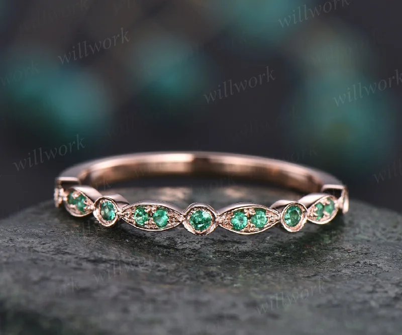 Natural emerald ring vintage art deco half eternity natural emerald wedding band for women solid 14k rose gold ring emerald jewelry gift