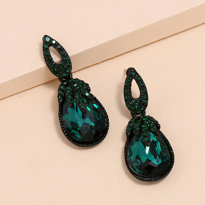 Gunmetal w/ Emerald Style Rhinestone Earrings